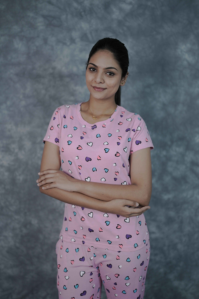 T-Shirt Pant-Baby Pink Multicolor Heart