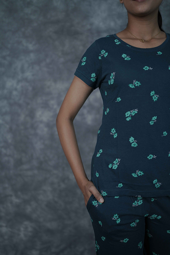 T-Shirt Pant-Dark Blue with Flower