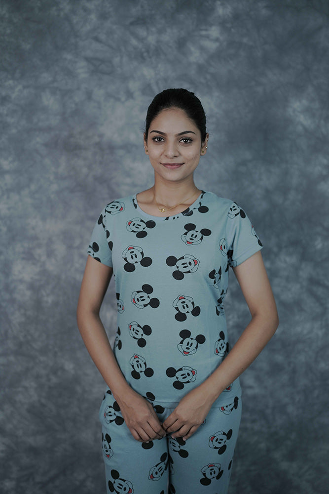 T-Shirt Pant-Light Blue Micky Mouse Face