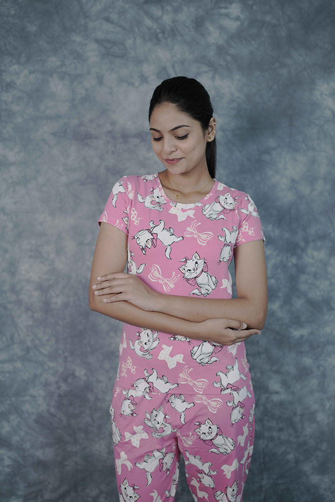 T-Shirt Pant-Pink White Cat