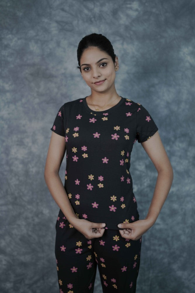 T-Shirt Pant-Black Pink Golden Flowers