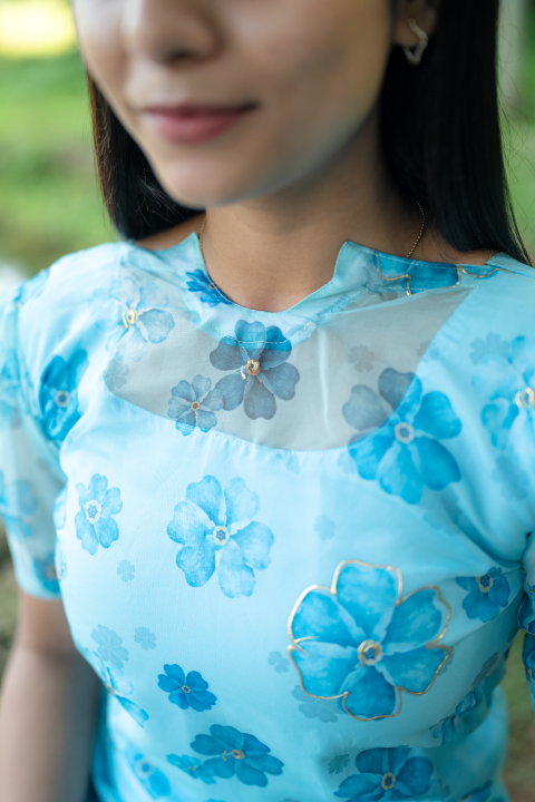 Kurti-Sky Blue with Flower Organza