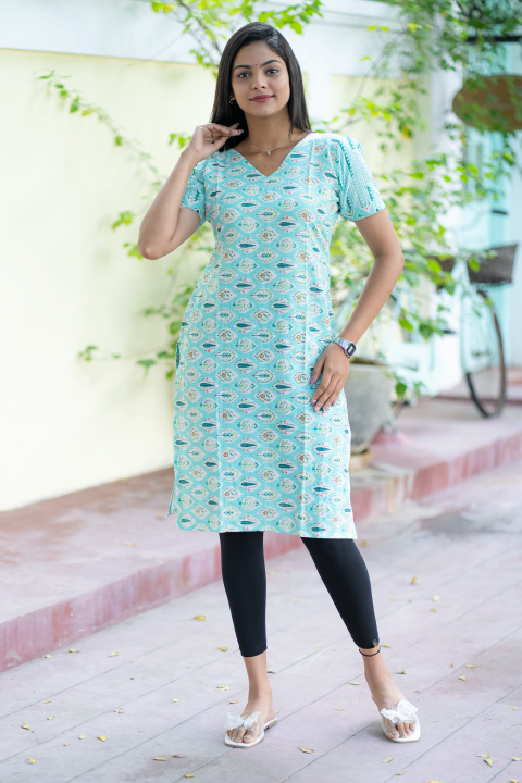 Kurti-Pista Green Leaf Design