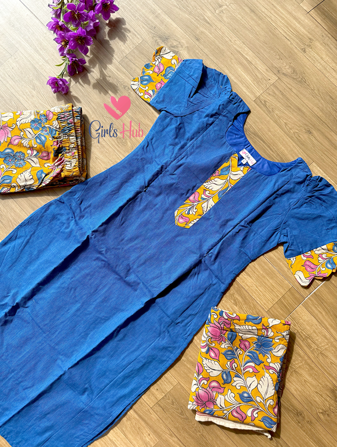 NAVY BLUE KALAMKARI COTTON-3P-02(PRE ORDER)