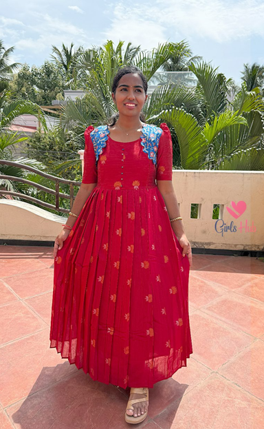 RED WITH BIUE FLORAL SCALLOP-FM-514
