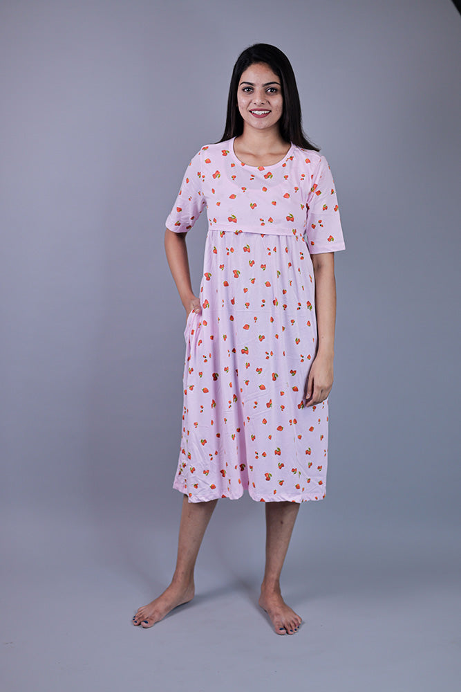 Zipless Feeding Gown light pink with Strawberry Pattern