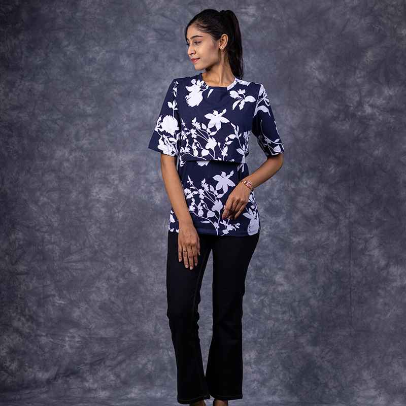 Zipless Feeding T-Shirt Dark Blue White Pattern
