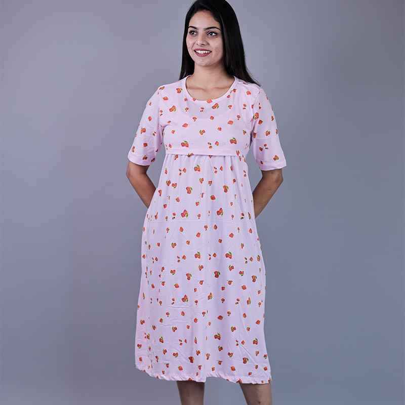Zipless Feeding Gown light pink with Strawberry Pattern