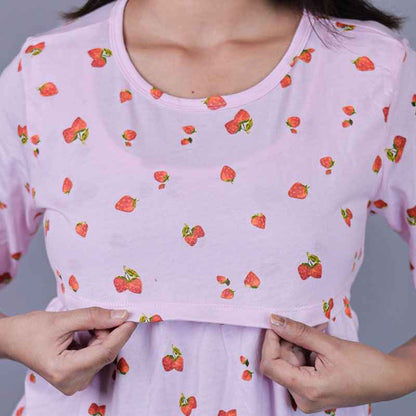 Zipless Feeding Gown light pink with Strawberry Pattern
