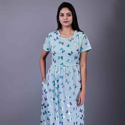 Zipless Feeding Gown Blue Butterfly Pattern