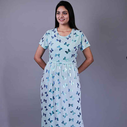 Zipless Feeding Gown Blue Butterfly Pattern