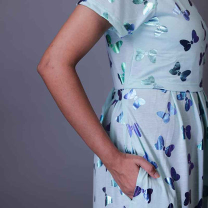 Zipless Feeding Gown Blue Butterfly Pattern
