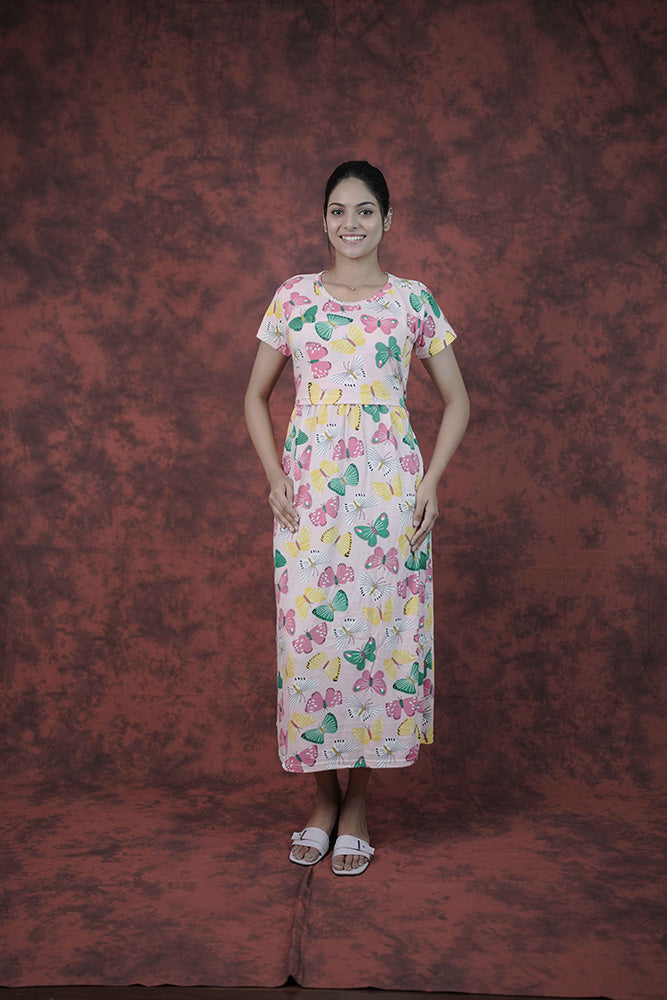 Zipless Feeding Gown-Baby Pink Butterfly