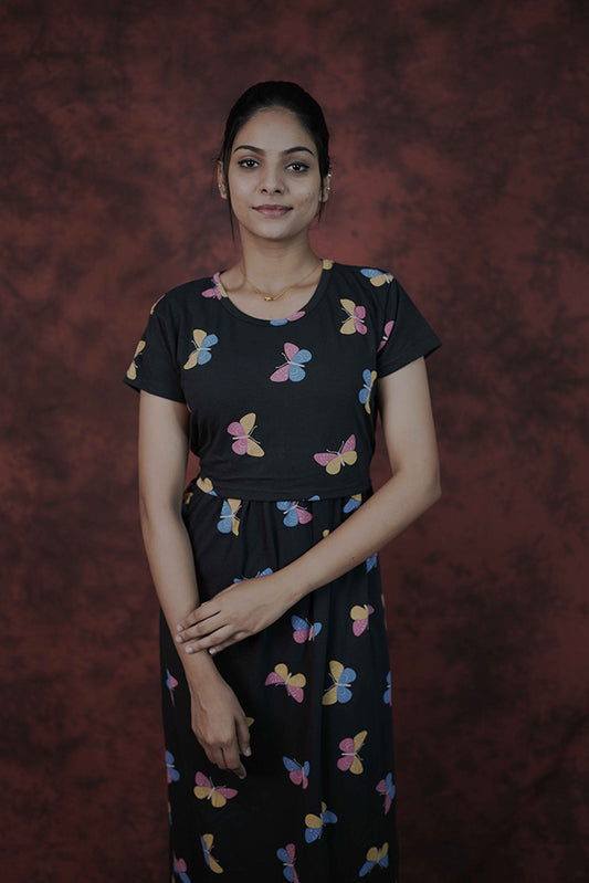 Zipless Feeding Gown-Black Butterfly
