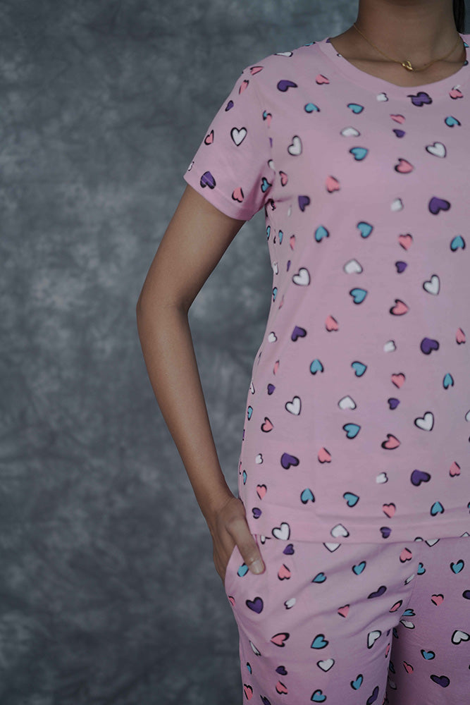 T-Shirt Pant-Baby Pink Multicolor Heart