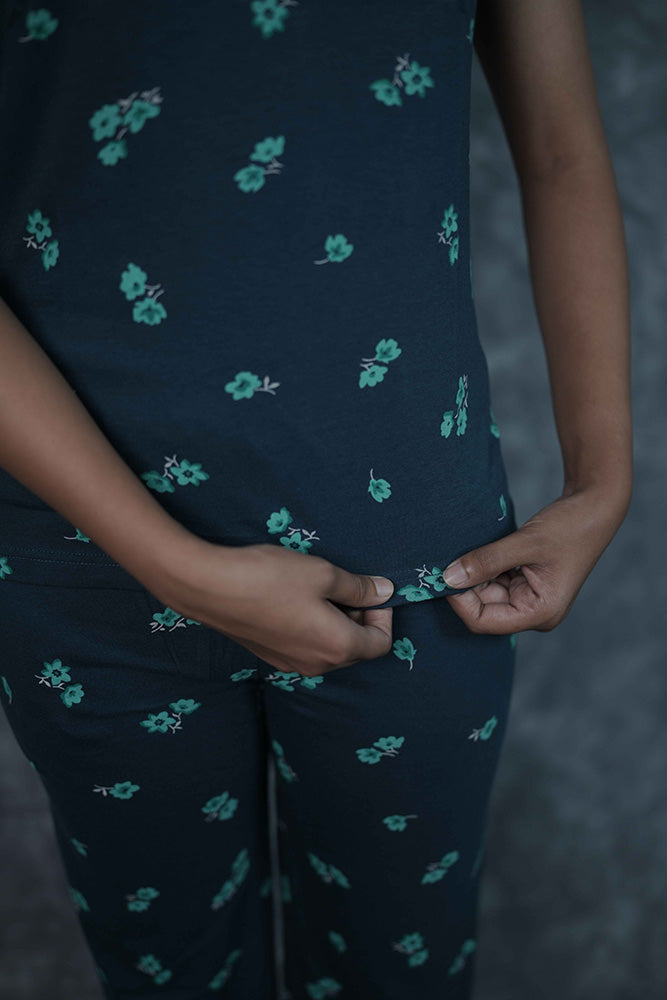 T-Shirt Pant-Dark Blue with Flower