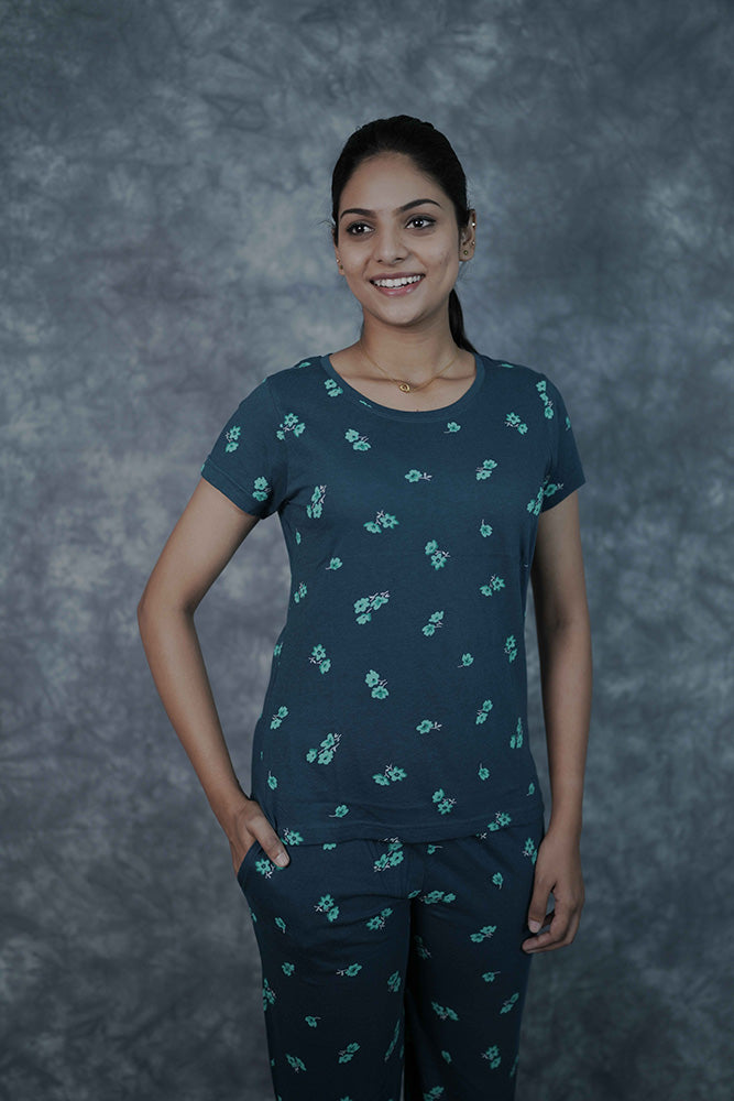 T-Shirt Pant-Dark Blue with Flower