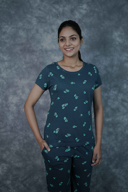 T-Shirt Pant-Dark Blue with Flower