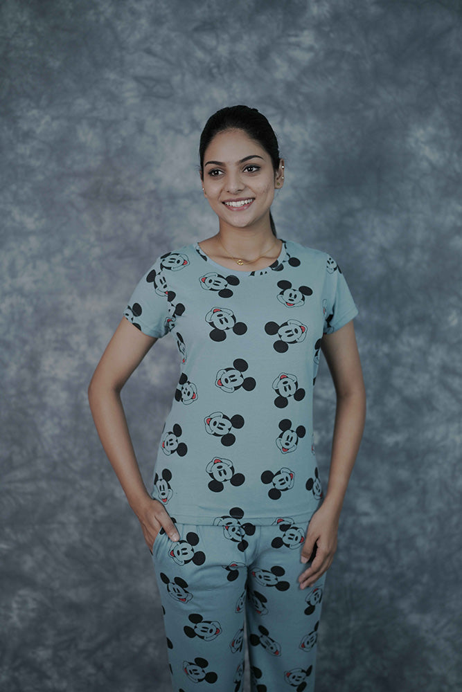 T-Shirt Pant-Light Blue Micky Mouse Face