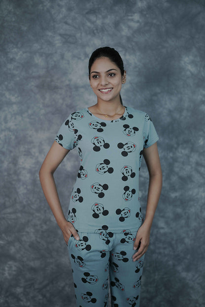 T-Shirt Pant-Light Blue Micky Mouse Face