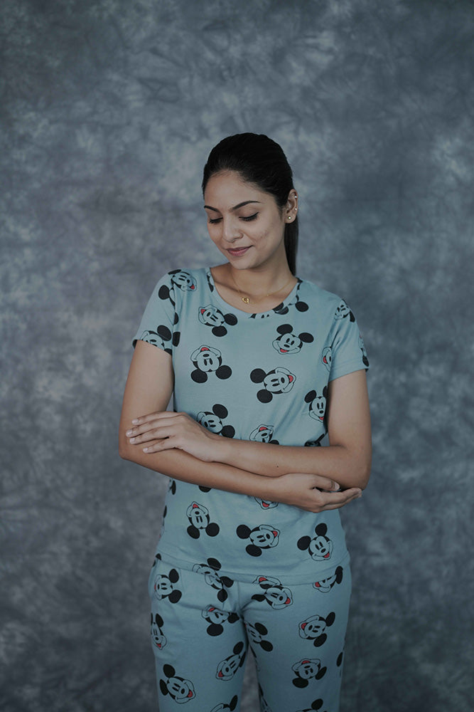 T-Shirt Pant-Light Blue Micky Mouse Face