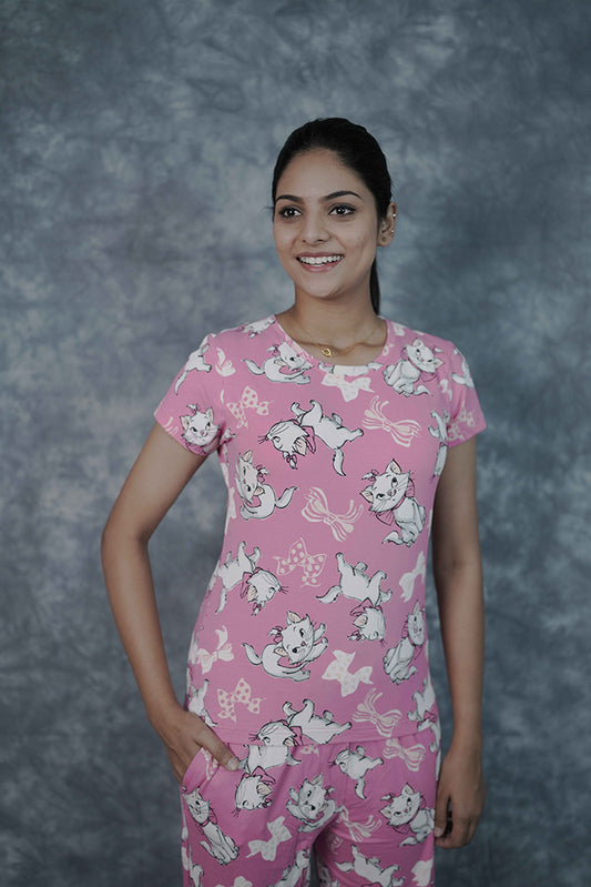 T-Shirt Pant-Pink White Cat
