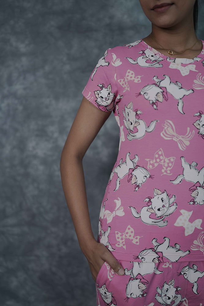T-Shirt Pant-Pink White Cat