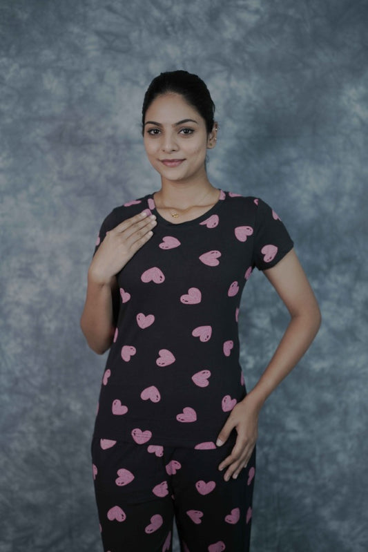 T-Shirt Pant-Black Pink Heart