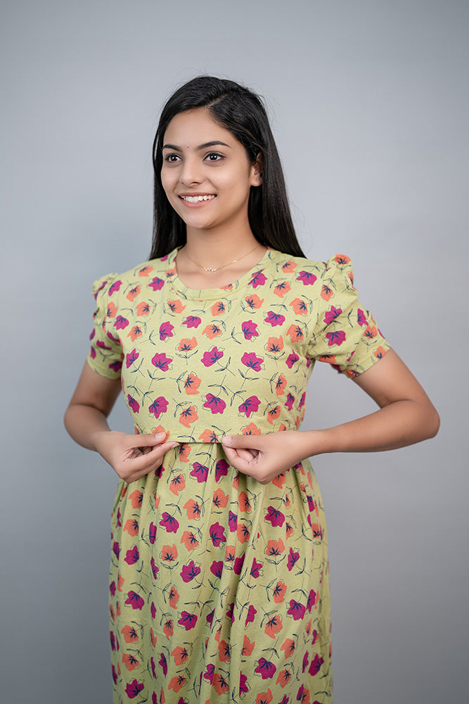 Zipless Feeding Gown-Green Pink Floral