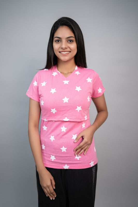 Zipless Feeding T-shirt-Pink Star