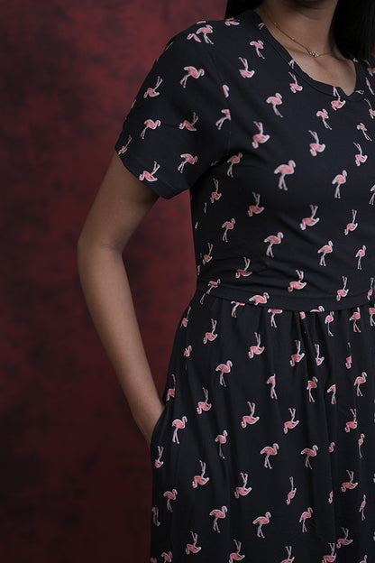Zipless Feeding Gown-Black Flamingo