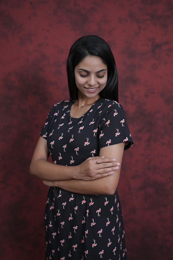 Zipless Feeding Gown-Black Flamingo