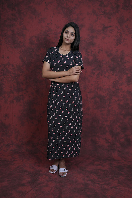 Zipless Feeding Gown-Black Flamingo