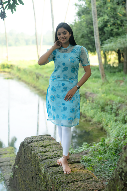 Kurti-Sky Blue with Flower Organza
