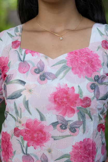 Kurti-Pink Hakoba With Butterfly