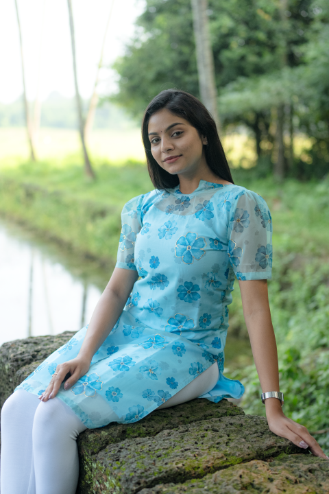 Kurti-Sky Blue with Flower Organza
