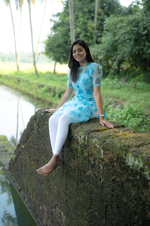 Kurti-Sky Blue with Flower Organza