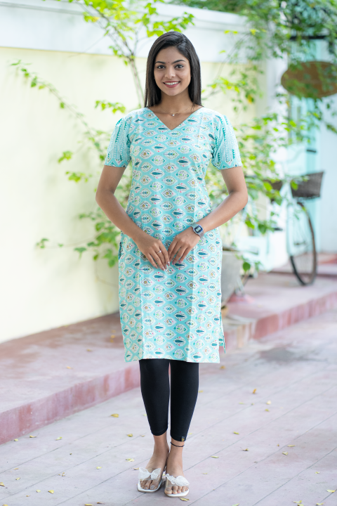 Kurti-Pista Green Leaf Design
