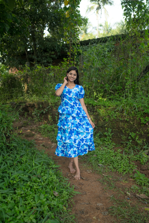 Kurti-Dark and Light Blue Flower Maxi