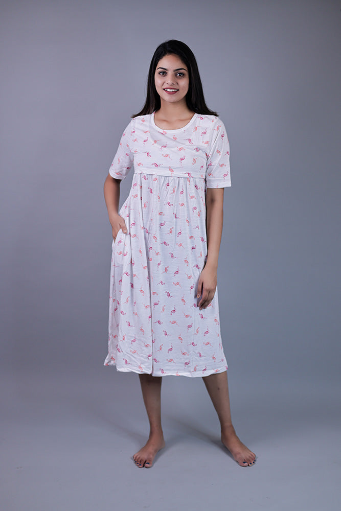 Zipless Feeding Gown Light pink Flamingo Pattern