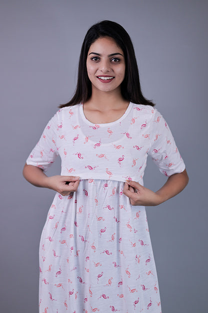 Zipless Feeding Gown Light pink Flamingo Pattern