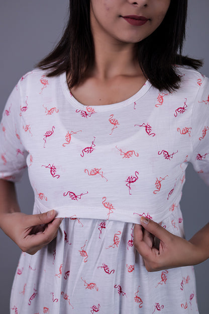 Zipless Feeding Gown Light pink Flamingo Pattern