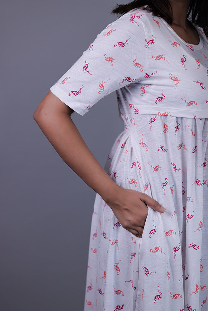 Zipless Feeding Gown Light pink Flamingo Pattern
