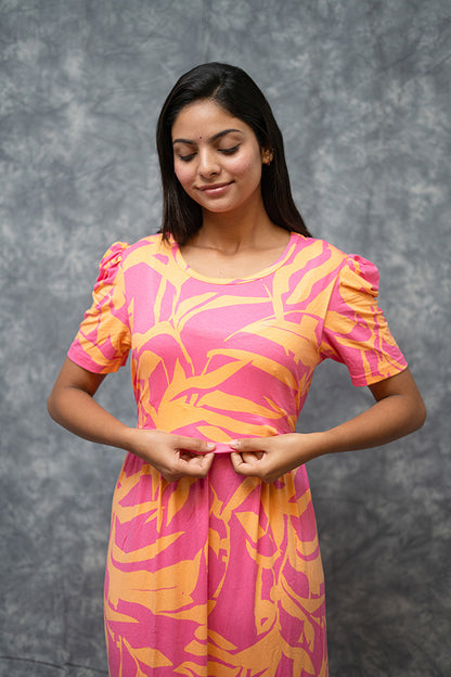 Zipless Feeding Gown-Pink Gown Orange Leaf Design