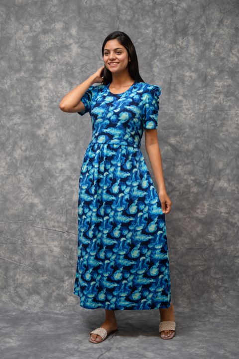 Zipless Feeding Gown-Dark Blue Sky Blue Mushroom