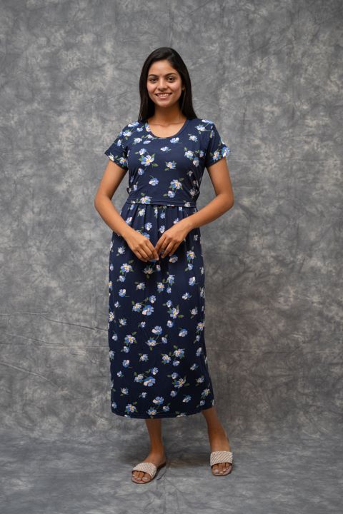 Zipless Feeding Gown-Dark Blue With Flower