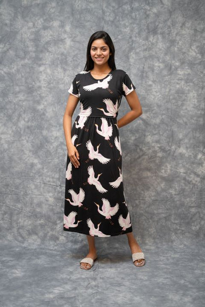 Zipless Feeding Gown-Black Gown White Bird