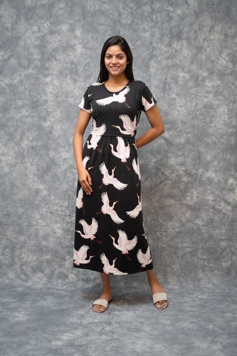 Zipless Feeding Gown-Black Gown White Bird