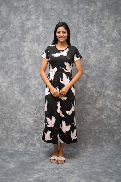 Zipless Feeding Gown-Black Gown White Bird