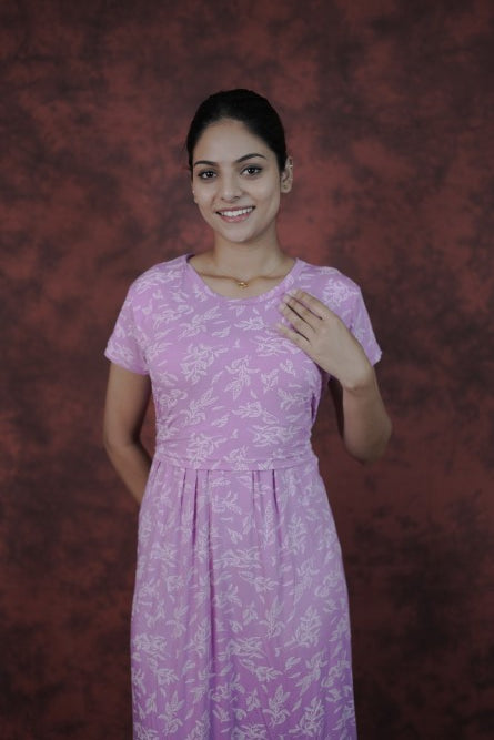 Zipless Feeding Gown-Light Violet White Leaf Design